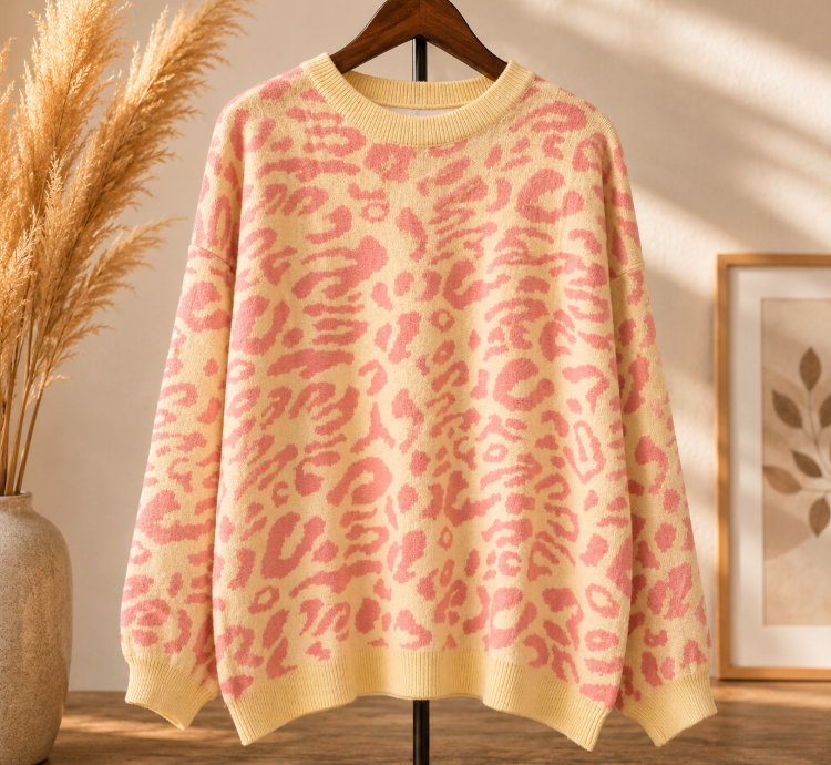 Womens Oversized Leopard Knit Sweater Yellow Super Soft Premium Crewneck Pullover Cozy Thick Lightweight Jumper For Fa