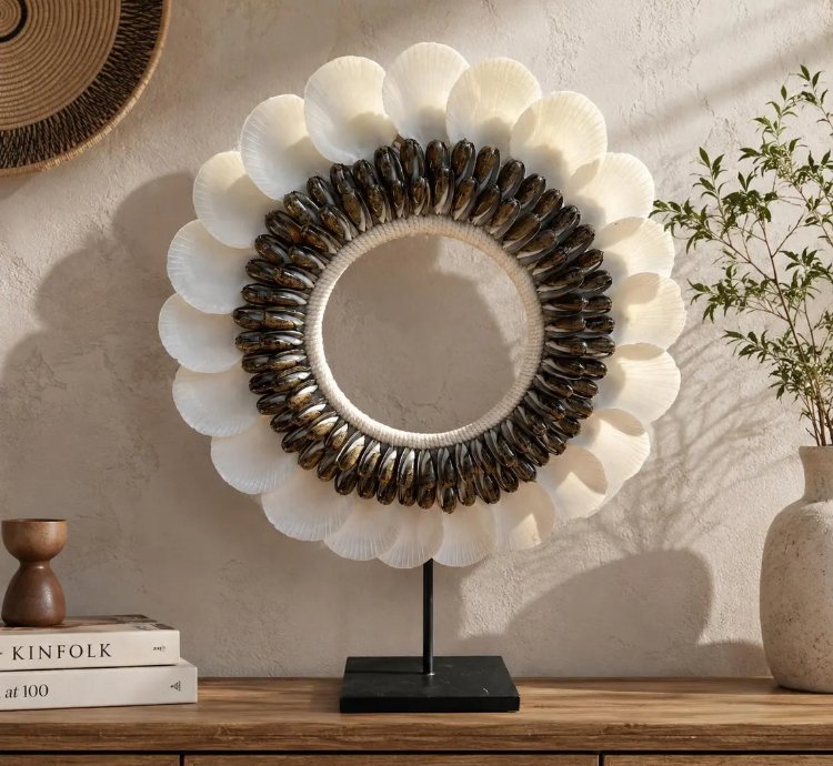 Handcrafted Cowrie Shell Sculpture Bali Coastal Boho Decor On Stand Design 1