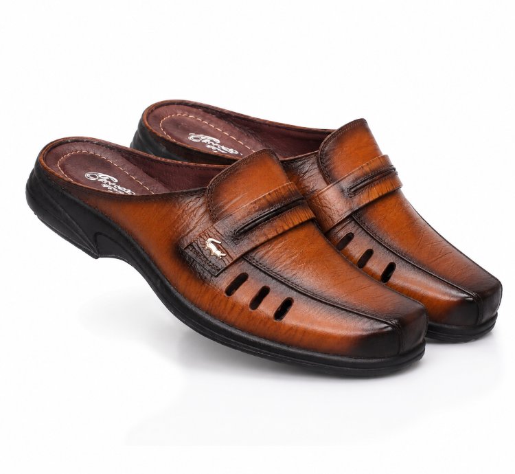 Mens Genuine Leather Mule Sandals Premium Cowhide Slip On Shoes Casual Comfortable Walking Sandals In Tan