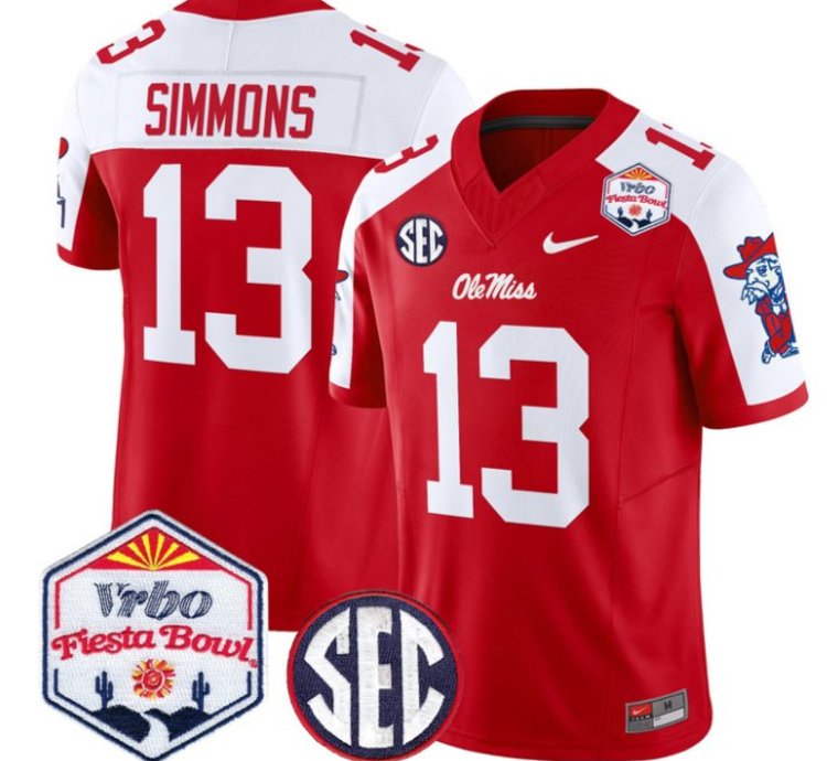 Austin Simmons 13 Ole Miss Rebels Football Jersey 2026 Fiesta Bow Vapor Patch All Stitched