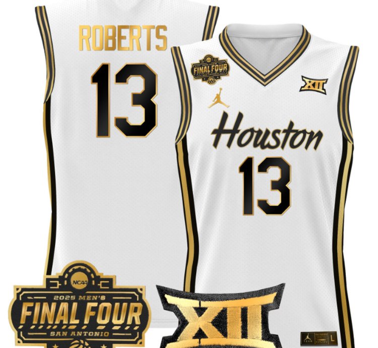 Jwan Roberts Jersey 13 Houston Cougars 2025 Final Four Patch White Gold