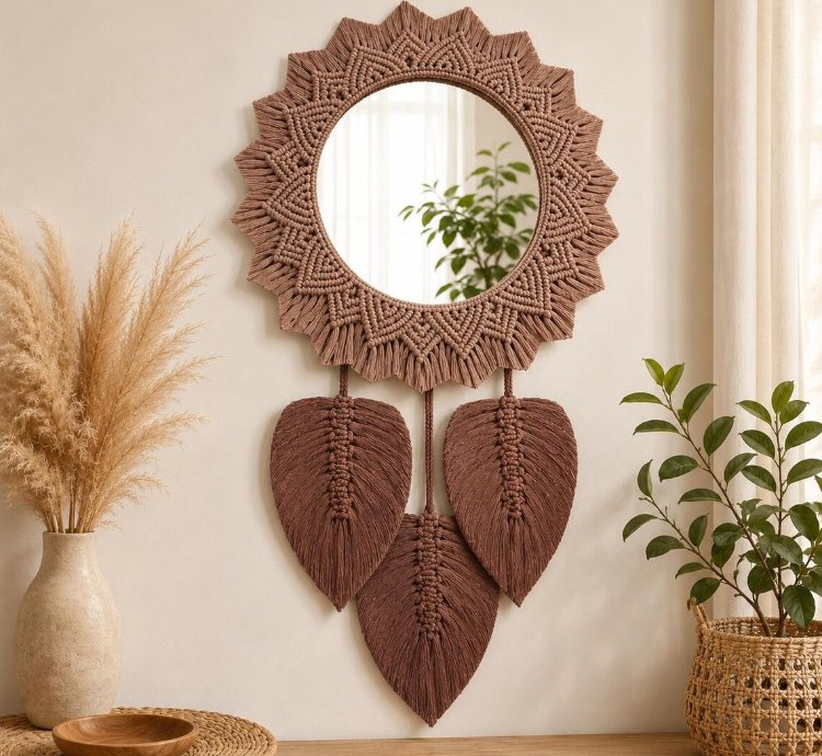 Jumbo Macrame Mirror Wall Decor Boho Leaf Accents Handmade Hanging Art