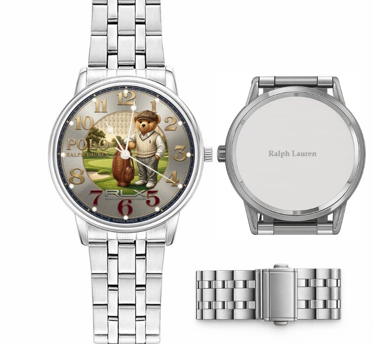 Sporty Golf Teddy Bear Theme Mens Wrist Watch223 Silver Steel