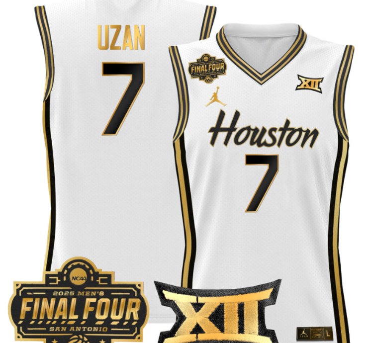 Milos Uzan Jersey 7 Houston Cougars 2025 Final Four Patch Stitched White Gold