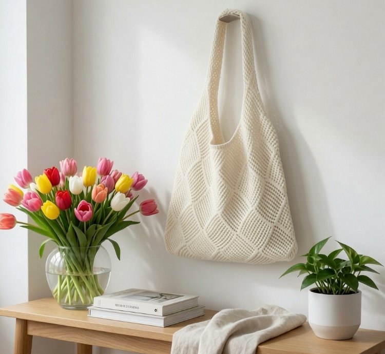 Womens Korean Style Handmade Knitted Tote Bag White Milk