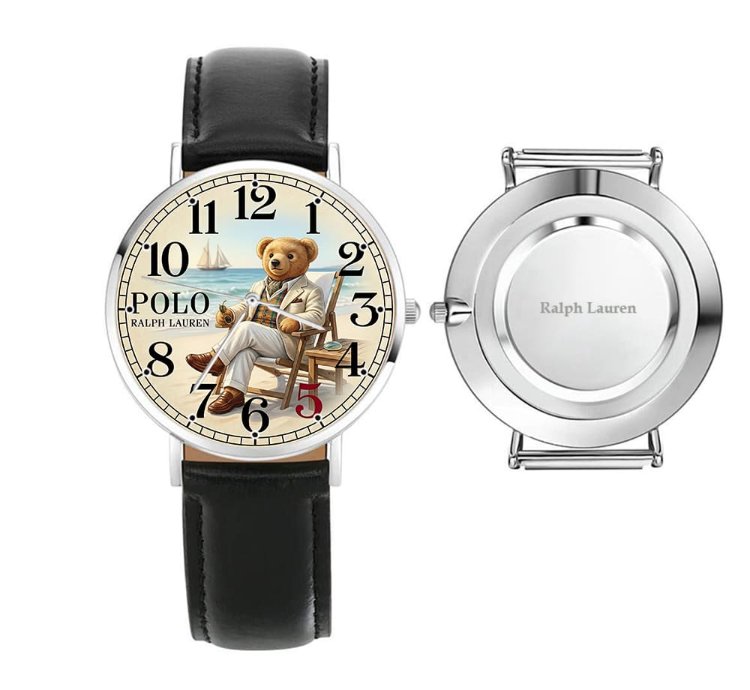Sleek Beach Teddy Bear Illustration Mens Wrist Watch224 Leather Black