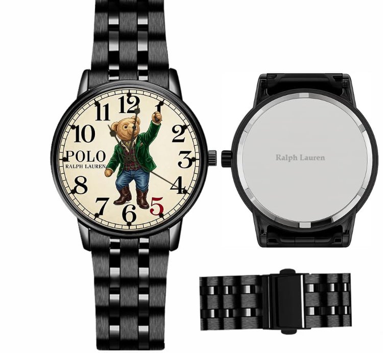 Preppy Dapper Teddy Bear Cream Dial Wrist Watch234 Black Steel