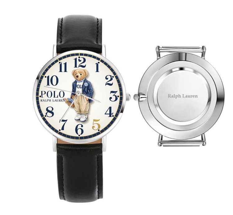 Elegant Preppy Flower Basket Bear Cream Dial Watch237 Leather Black
