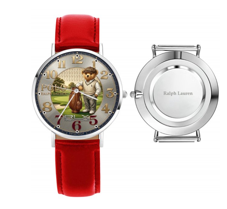 Sporty Golf Teddy Bear Theme Mens Wrist Watch223 Leather Red