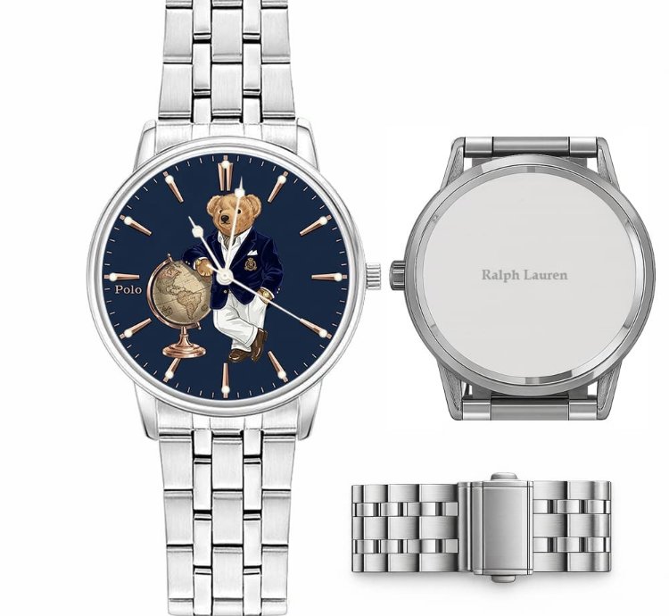Elegant World Map Bear Navy Dial Mens Watch236 Silver Steel