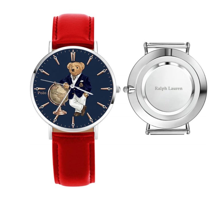 Elegant World Map Bear Navy Dial Mens Watch236 Leather Red
