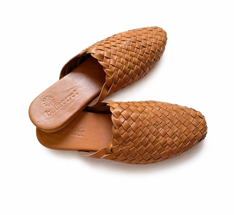 Handwoven Bali Leather Slides Womens Woven Sandals Anti-slip Flats In Tan