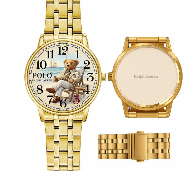 Sleek Beach Teddy Bear Illustration Mens Wrist Watch224 Gold Steel