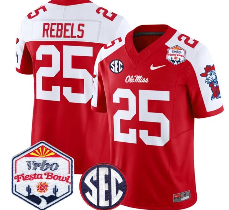 Rebels 25 Ole Miss Rebels Football Jersey 2026 Fiesta Bow Vapor Patch All Stitched