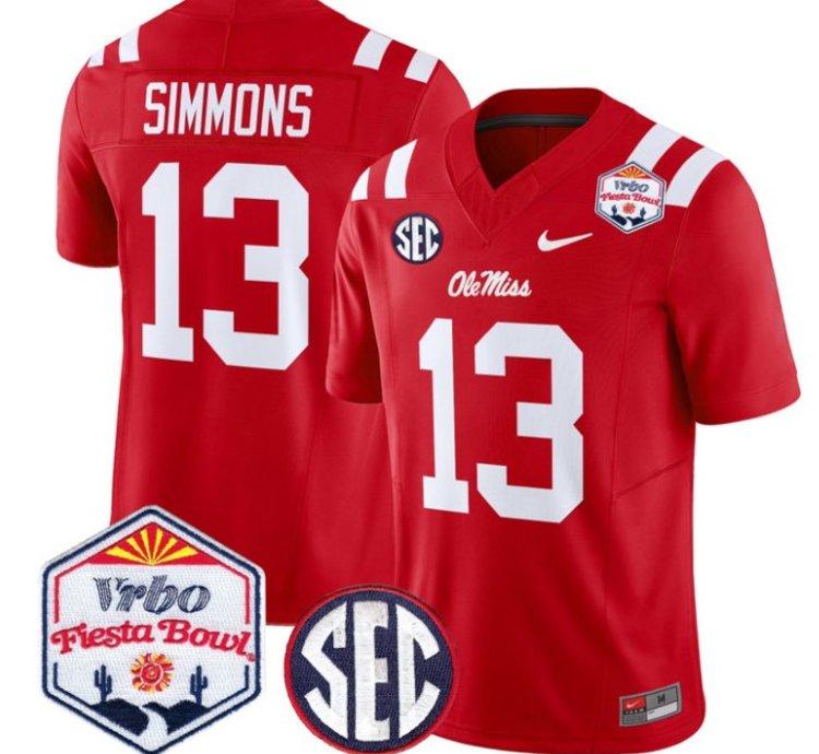 Austin Simmons 13 Ole Miss Rebels Football Jersey 2026 Fiesta Bow Vapor Patch All Stitched