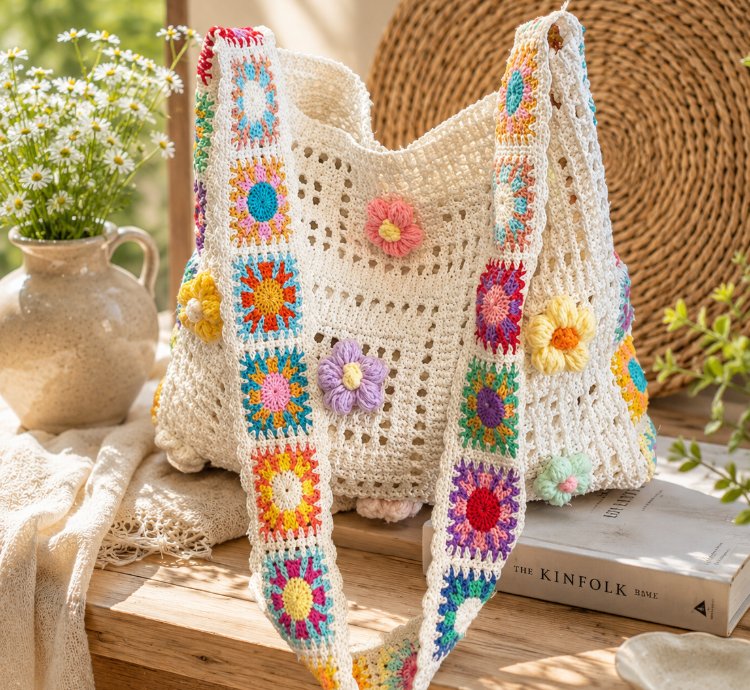 Handmade Daisy Crochet Shoulder Bag Floral Sling Bag