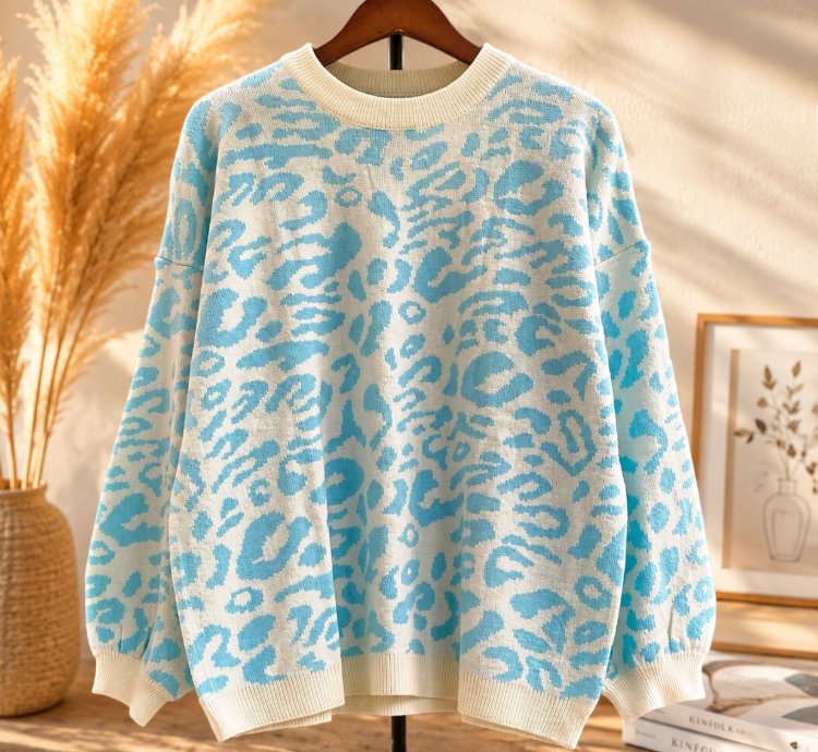 Womens Oversized Leopard Knit Sweater Blue Super Soft Premium Crewneck Pullover Cozy Thick Lightweight Jumper For Fa