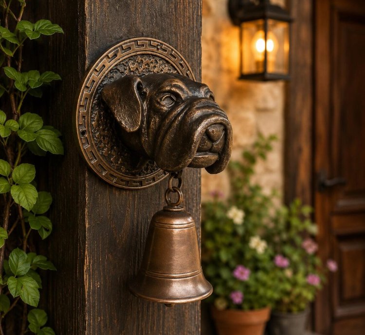 Vintage Bulldog Brass Door Bell Antique Style Wall Hanging Rustic Gate Decor