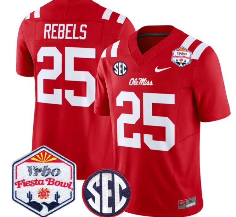 Rebels 25 Ole Miss Rebels Football Jersey 2026 Fiesta Bow Vapor Patch All Stitched