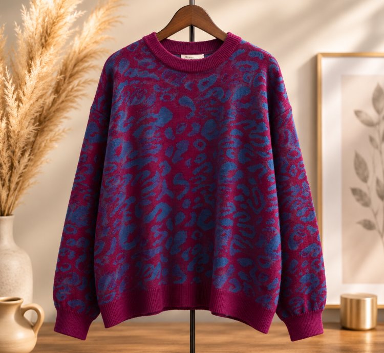 Womens Oversized Leopard Knit Sweater Purple Super Soft Premium Crewneck Pullover Cozy Thick Lightweight Jumper For Fa