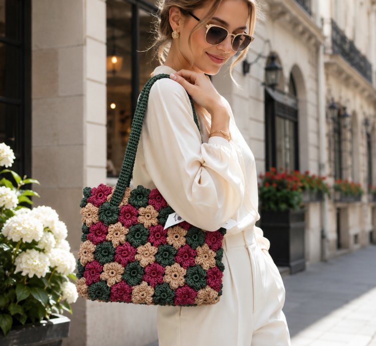 Handmade Puff Flower Crochet Tote Bag Custom Floral Shoulder Bag