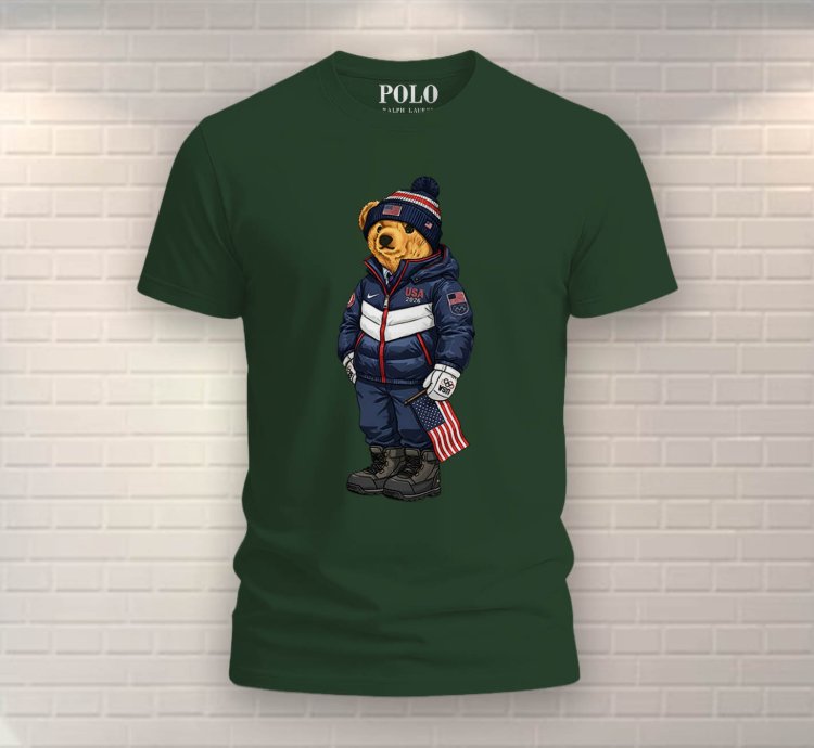 Patriotic American Bear Shirt Forest Green