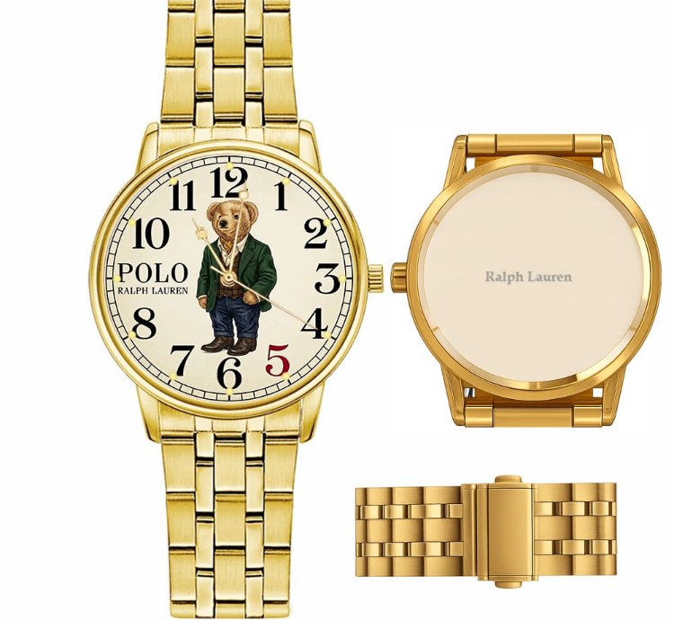 Elegant Ivy Style Teddy Bear Mens Wrist Watch221 Gold Steel