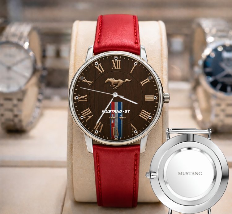 Ford Mustang Car Watch For Men Red Leather Strap Luxury Wristwatch