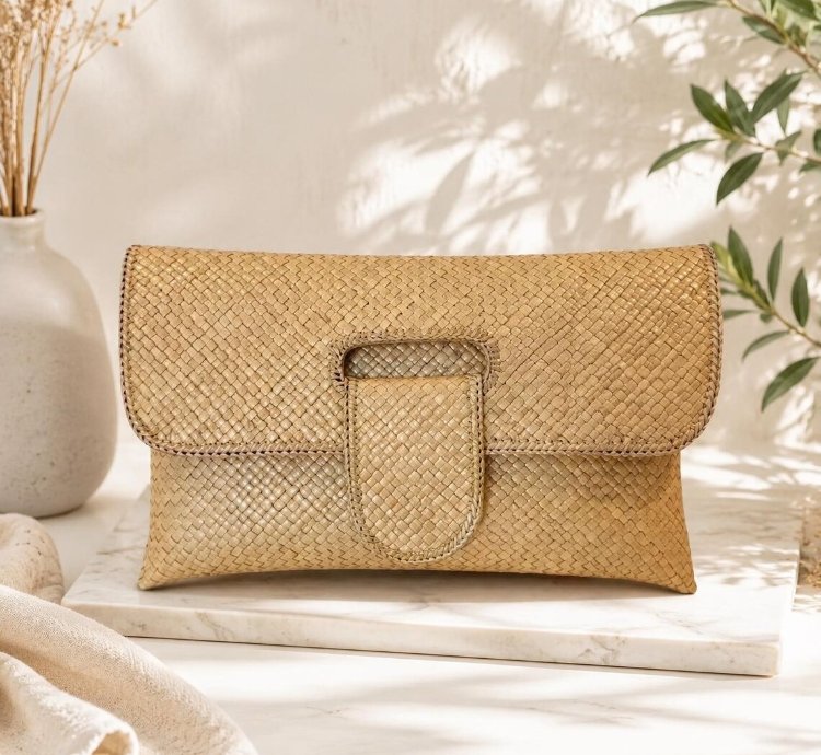 Handwoven Pandan Clutch Bag Natural Woven Evening Purse Eco Friendly Straw Handbag