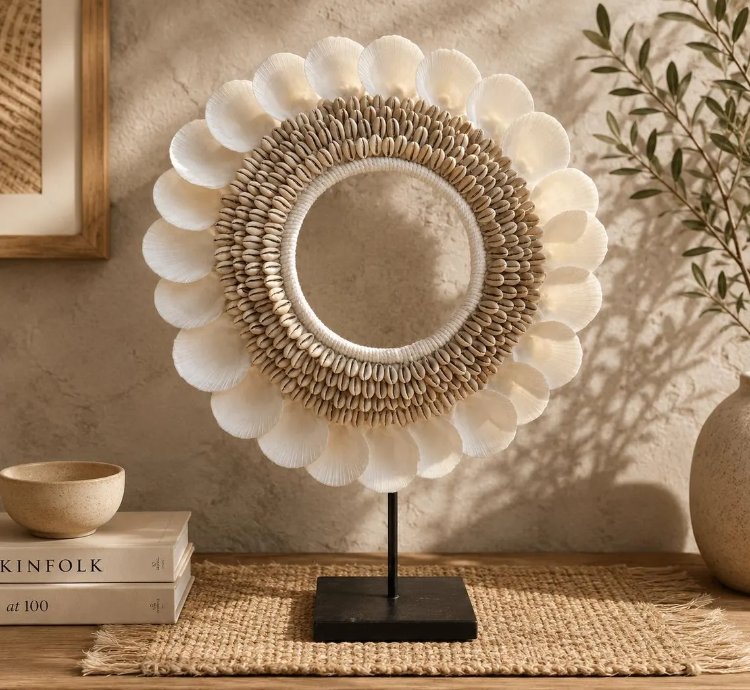 Handcrafted Cowrie Shell Sculpture Bali Coastal Boho Decor On Stand Design 2