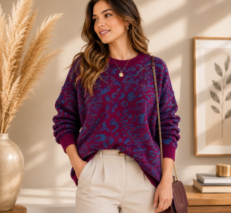Womens Oversized Leopard Knit Sweater Purple Super Soft Premium Crewneck Pullover Cozy Thick Lightweight Jumper For Fa
