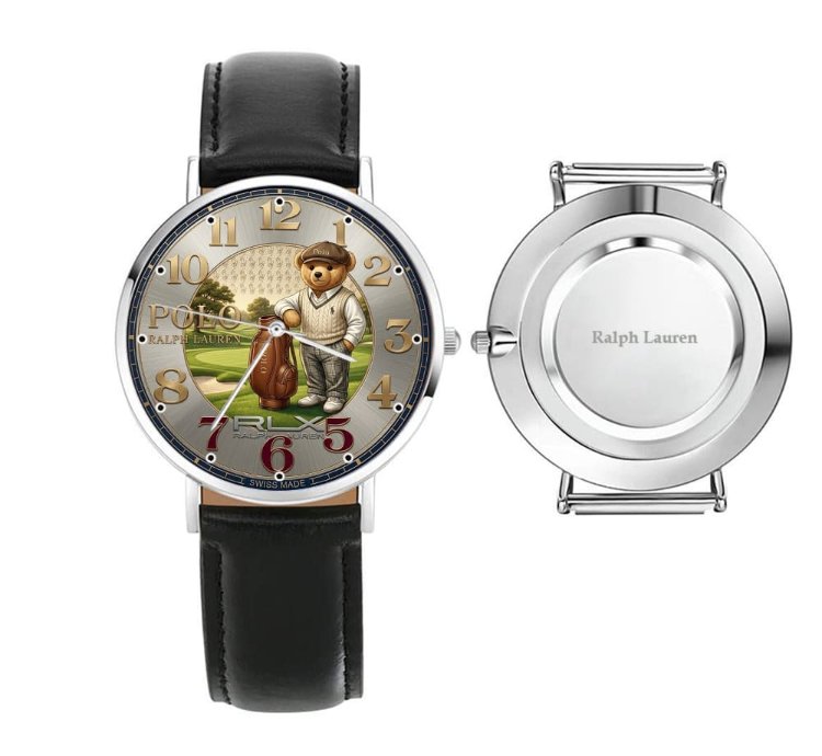 Sporty Golf Teddy Bear Theme Mens Wrist Watch223 Leather Black