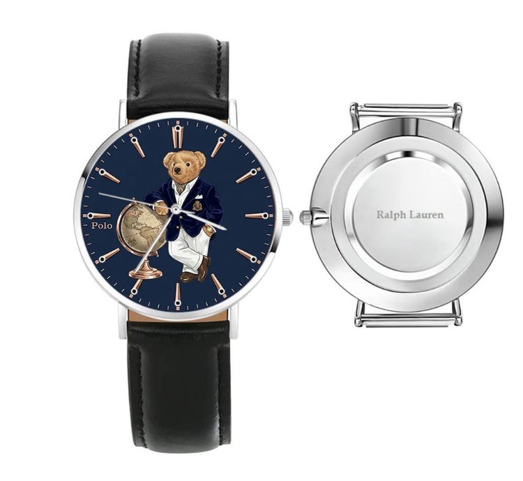 Elegant World Map Bear Navy Dial Mens Watch236 Leather Black
