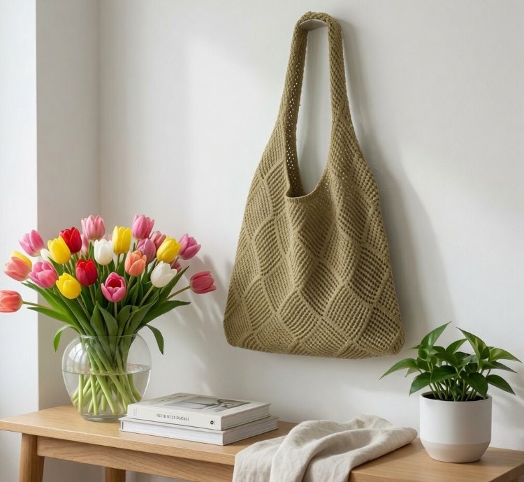 Womens Korean Style Handmade Knitted Tote Bag Khaki