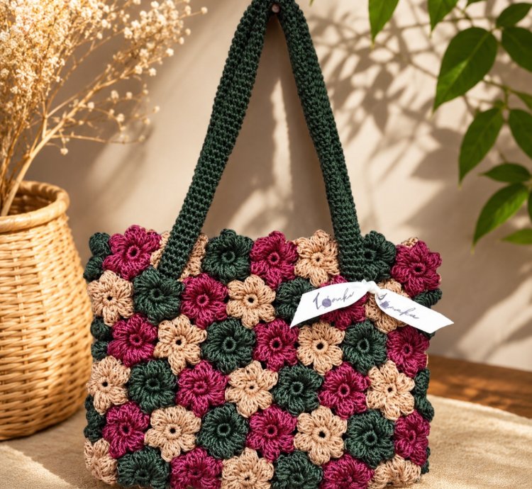 Handmade Puff Flower Crochet Tote Bag Custom Floral Shoulder Bag