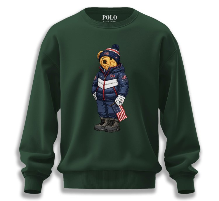 Patriotic American Bear Sweatshirt Forest Green