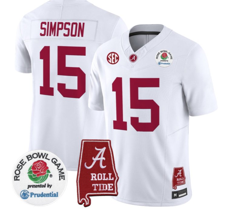 Ty Simpson Jersey 15 Alabama Crimson Tide 2026 Rose Bowl Patch Stitched White
