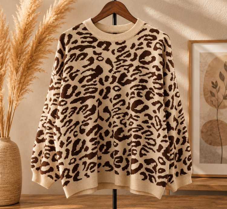 Womens Oversized Leopard Knit Sweater Mocca Super Soft Premium Crewneck Pullover Cozy Thick Lightweight Jumper For Fa