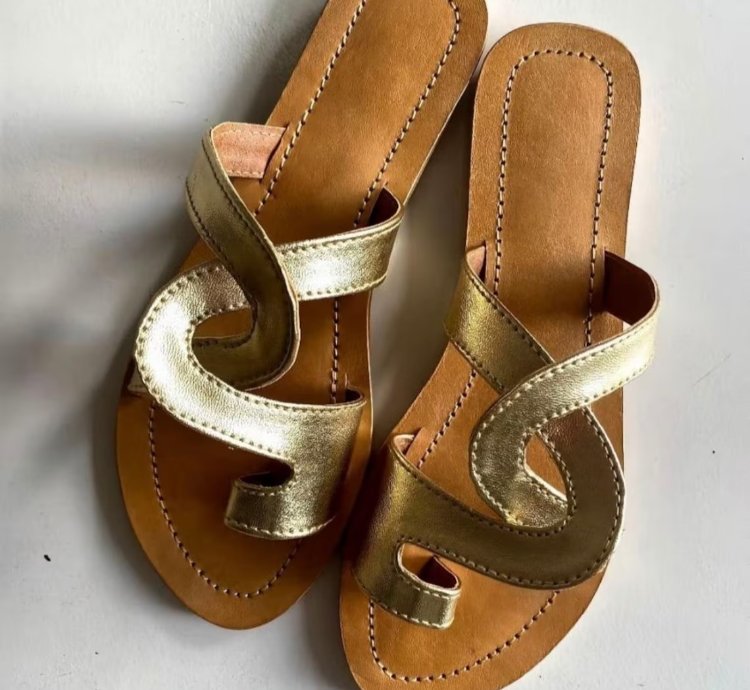 Handmade Gold Leather Slide Sandals Bali Resort Style Womens Shoes