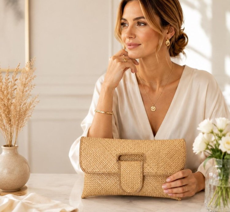 Handwoven Pandan Clutch Bag Natural Woven Evening Purse Eco Friendly Straw Handbag