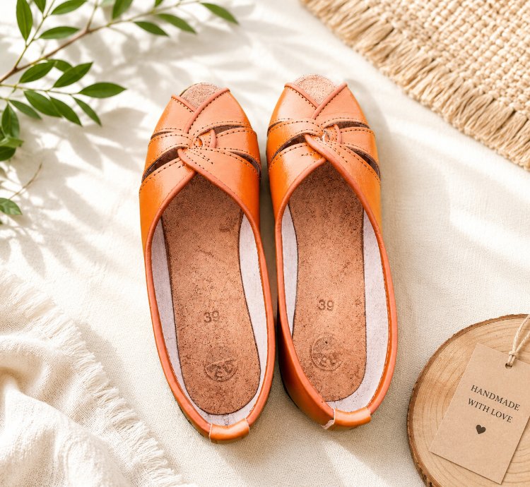 Handmade Genuine Leather Ballet Flats Brown Slip On Casual Shoes