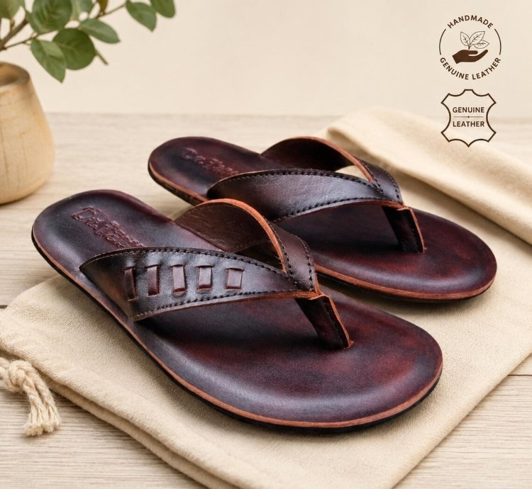 Mens Handmade Genuine Leather Flip Flops Casual Dark Brown Sandals