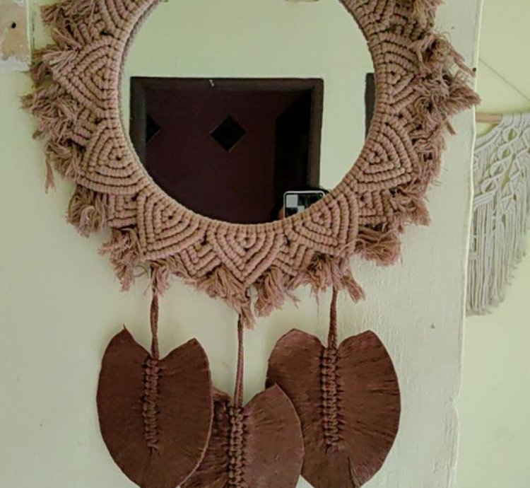 Jumbo Macrame Mirror Wall Decor Boho Leaf Accents Handmade Hanging Art