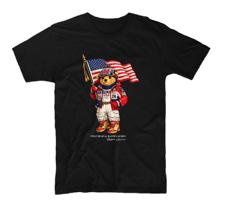 Polo Bear American Flag Logo Black T-shirt