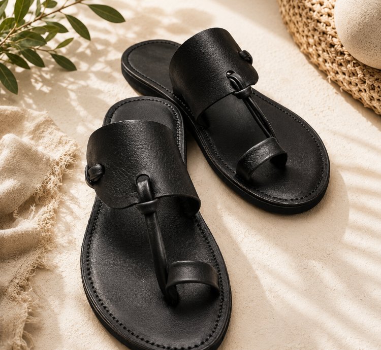 Handmade Artisan Leather Sandals In Black