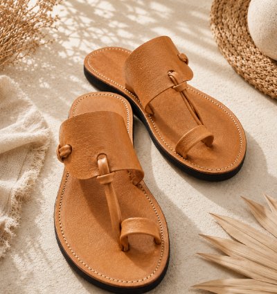 Handmade Genuine Leather Mens Sandals Tan Full Grain Leather Toe Ring Sandals Minimalist Summer Slide Sandals Casual ...