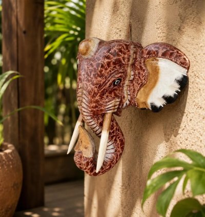 Hand Carved Elephant Head Wall Decor Balinese Albesia Wood Sculpture Boho Animal Art Accent In Red