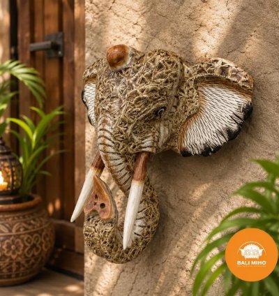 Hand Carved Elephant Head Wall Decor Balinese Albesia Wood Sculpture Boho Animal Art Accent Light Brown