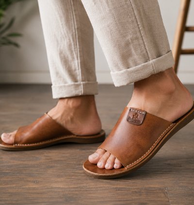 Mens 100 Genuine Cow Leather Sandals In Tan