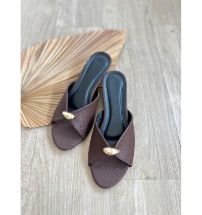 Leather Slide Sandals Gold Ring Detail 5cm Block Heel Mules